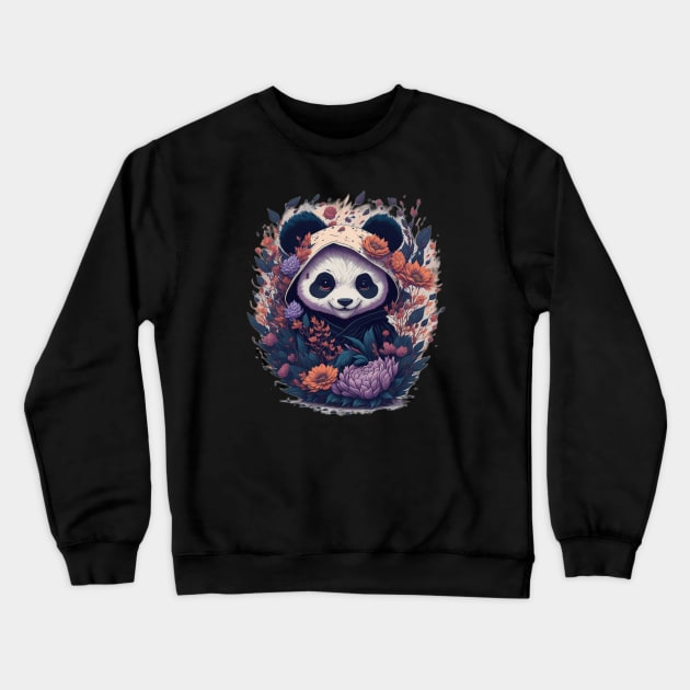 Cute Ninja Panda With Flowers Art Martial Floral Baby Pana Crewneck Sweatshirt by BaliChili